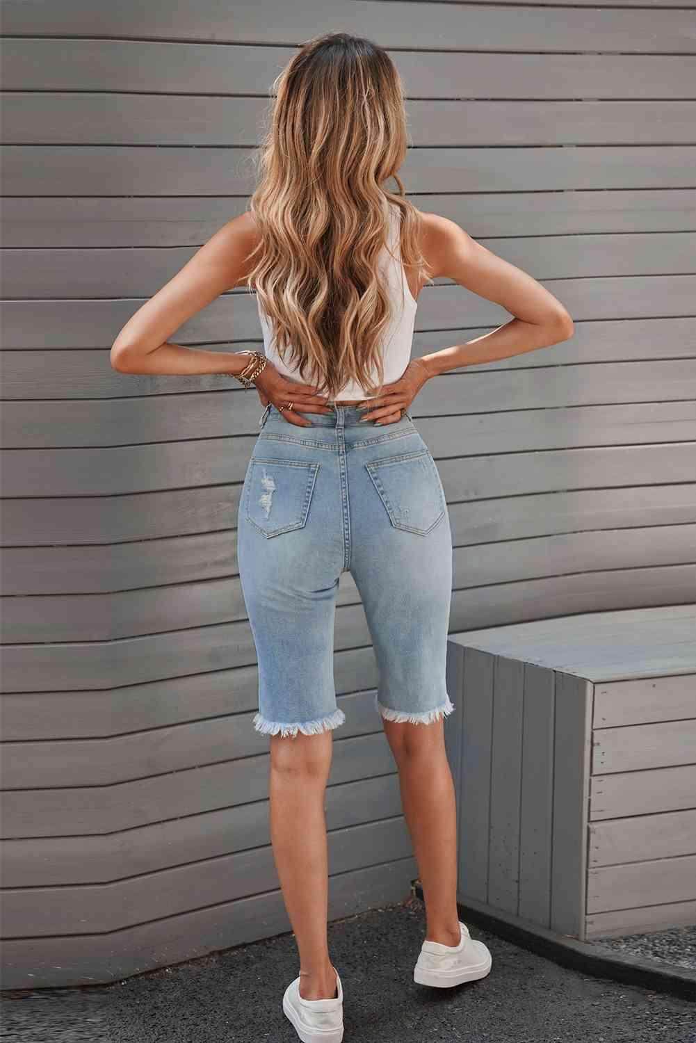 Distressed Raw Hem Denim Bermuda Shorts for Casual Style