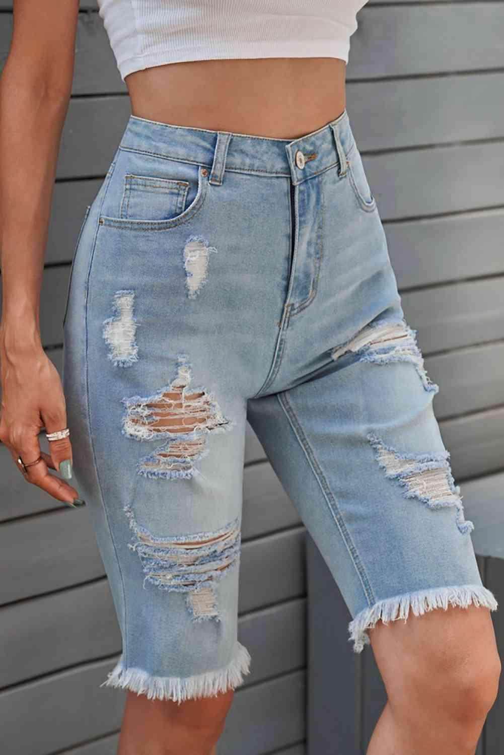 Distressed Raw Hem Denim Bermuda Shorts for Casual Style