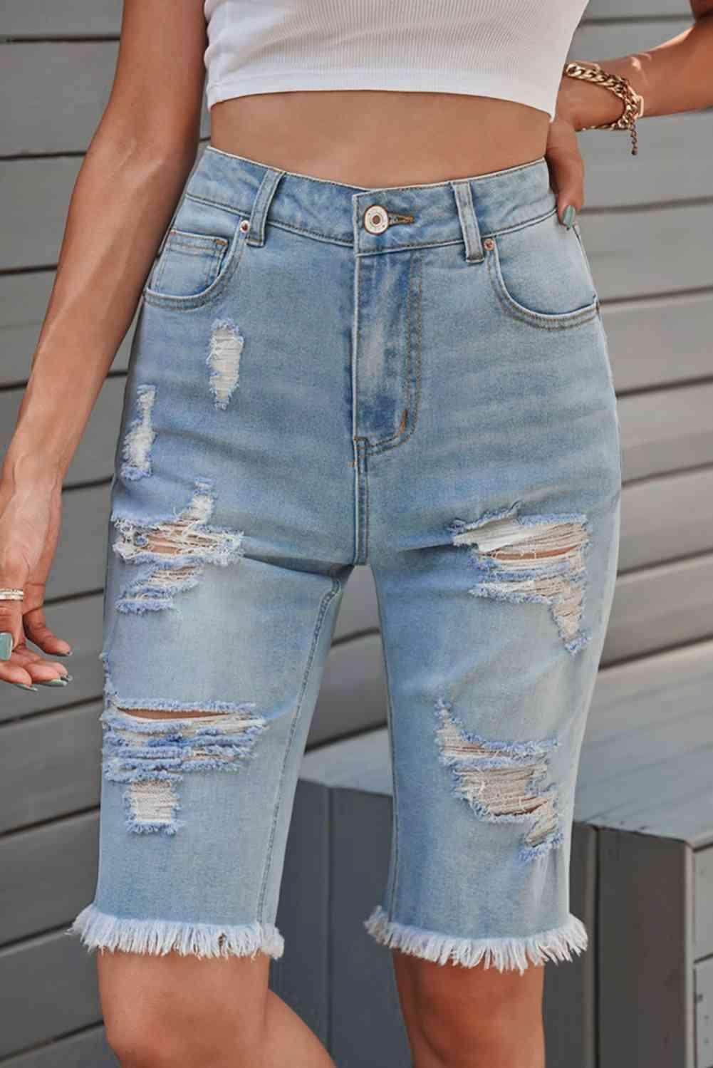 Distressed Raw Hem Denim Bermuda Shorts for Casual Style
