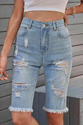 Distressed Raw Hem Denim Bermuda Shorts for Casual Style