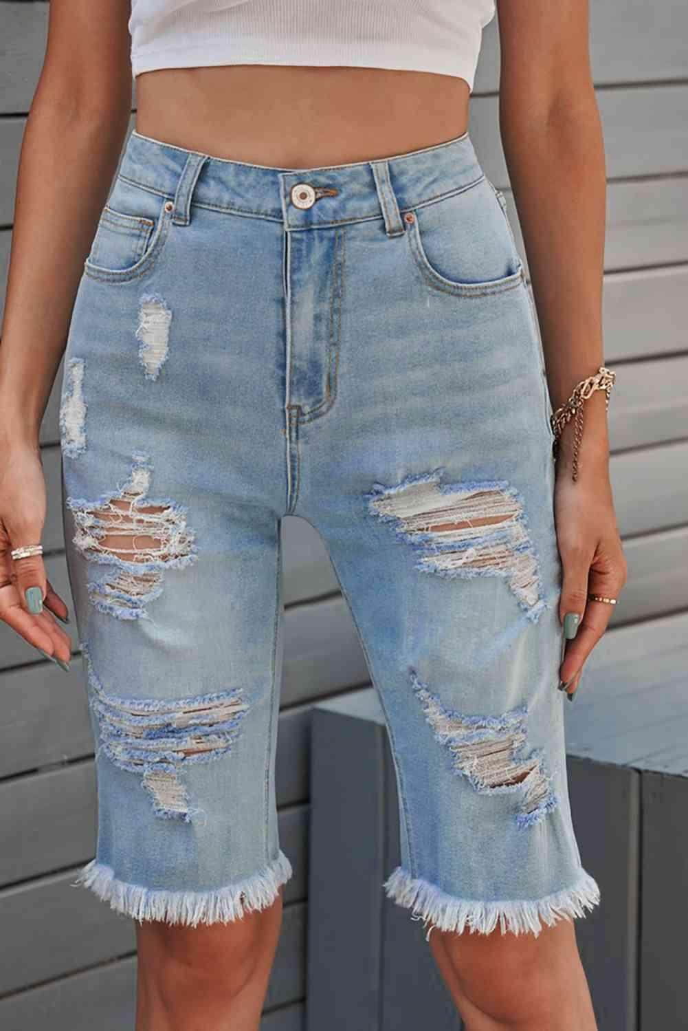 Distressed Raw Hem Denim Bermuda Shorts for Casual Style