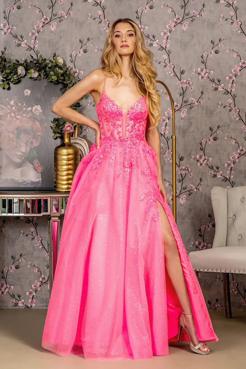 Glitter illusion sweetheart sheer bodice mesh a line long dress GLGL3218