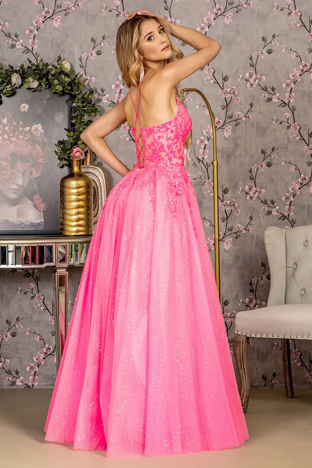 Glitter illusion sweetheart sheer bodice mesh a line long dress GLGL3218